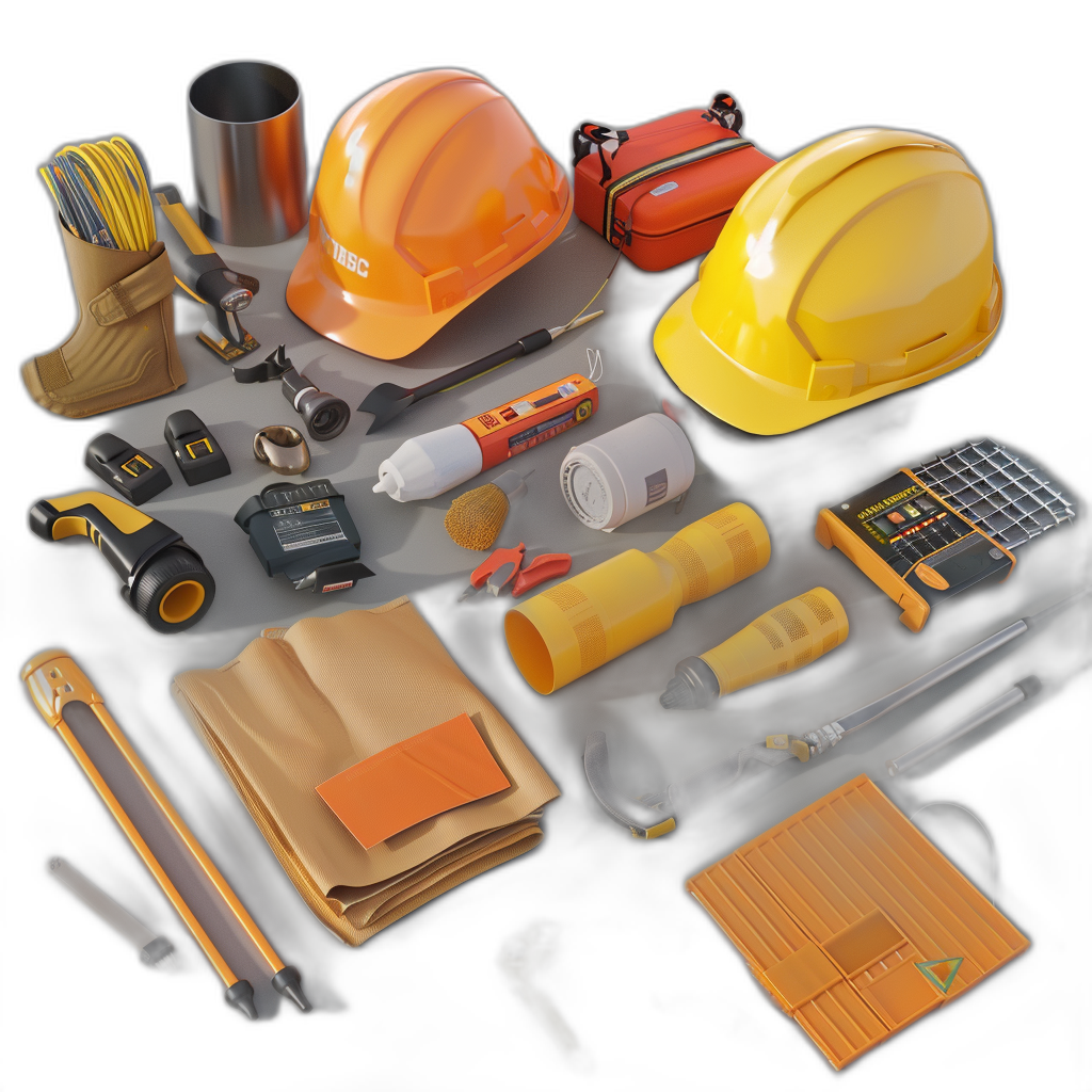 A realistic photo of construction tools and equipment with safety gear against a black background, with an orange and yellow color scheme, of high resolution and high detail, in the hyperrealistic style, in a super detailed style, with professional photography and professional lighting.