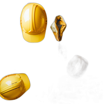 photo of yellow construction helmet floating in the air against a black background, taken from a high angle view with soft lighting. The image is in the style of soft light.