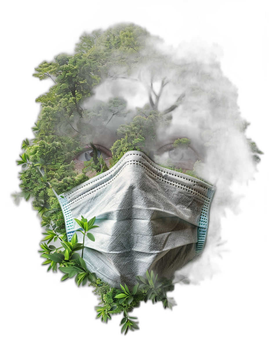 A face with trees growing out of it wearing an N95 mask on a black background, green plants and white medical masks made of plastic in the shape of trees in front of him, double exposure photography creating a 3D illusion effect, detailed portraitures in the style of surrealistic illustrations, ecofriendly craftsmanship