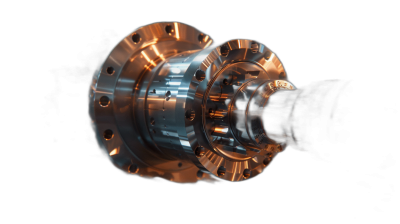 A close up of the bottom end and spoked wheel hub, a glowing translucent silver object with orange reflections on it is floating in black space. A highly detailed hyper realistic photo with studio lighting and product photography in the style of hyper realistic photo.