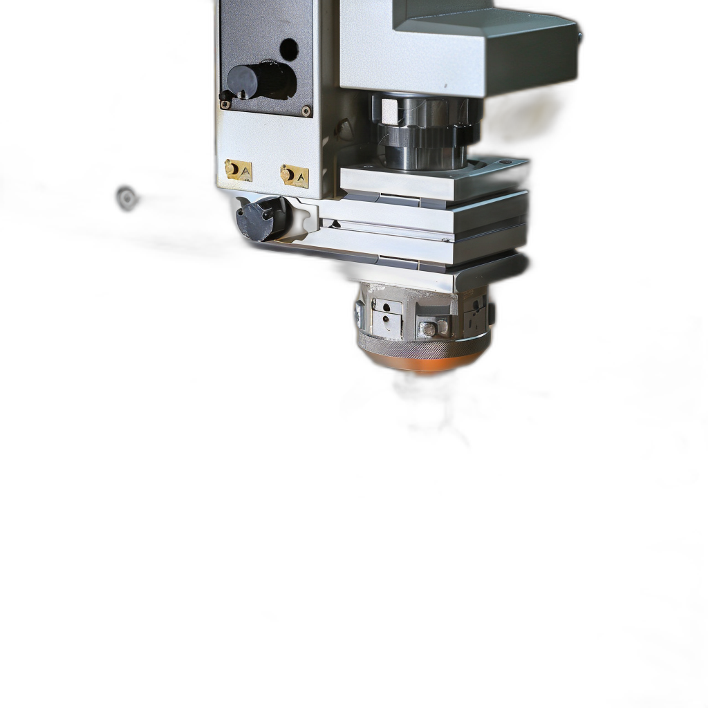 A close up of an isolated white laser machine with a black background, in a simple and minimalistic style, with dark gray and amber tones, for product photography, with high resolution and high detail.