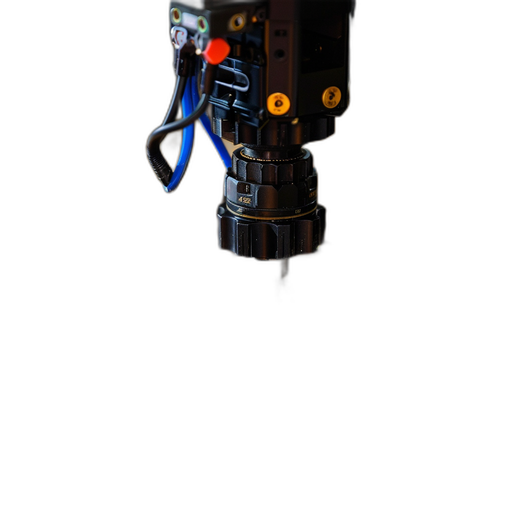 a laser device is mounted on the top of an electric drill, laser beam visible from below, black background, macro photography, product shot, high resolution photography