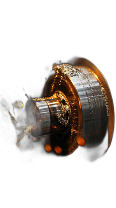 A closeup of an industrial turning machine, illuminated in the style of its headlight, against a black background. The focus is on the spinning lens and metal part of it, with some sparkling effects and reflections in front. In sharp contrast to that, there's another light source behind which illuminates a shiny gold ring. This golden band seems to sparkle under dim lighting, adding depth and dimension to the scene.