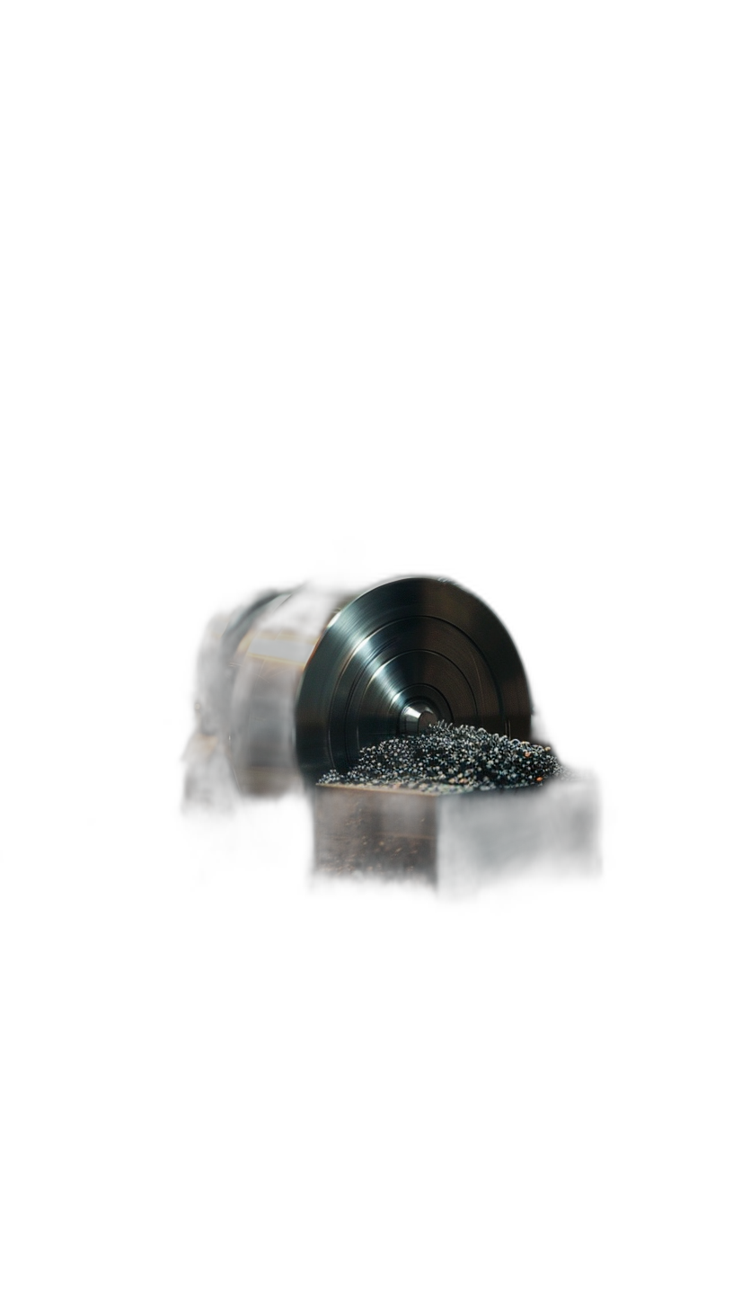 A black background with an unlit wooden table in the foreground, and a metal jaw of a turning machine visible from behind it. The picture is taken at night with low light, creating a mysterious atmosphere. A small pile of tiny gray stones can be seen on top of one side of that tool, adding to its enigmatic nature. This scene creates a sense of mystery about what could have tied these elements together.