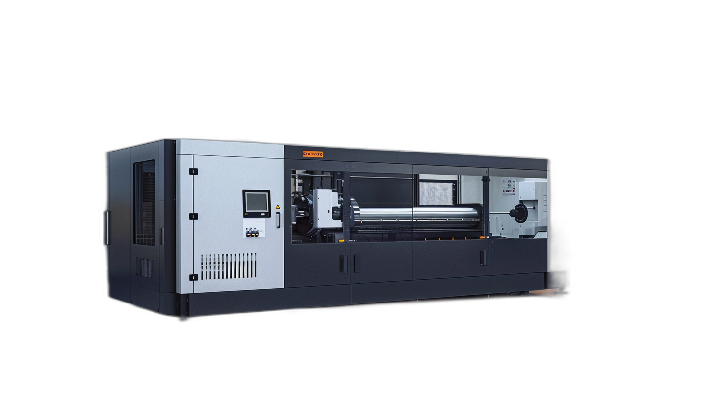 A large, modern cnc machine with black background, side view, product photography, studio lighting, hyper realistic