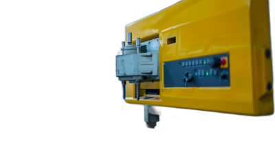 closeup of yellow and grey control box on the right side, attached to an industrial crane with black background, photorealistic, cinematic