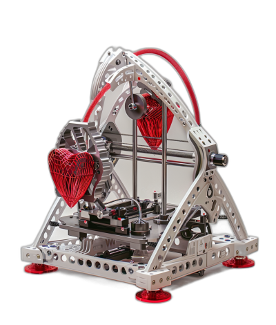 3D printer with heartshaped red plastic material, metallic silver frame and intricate details on the structure, set against black background. The machine is displayed in an open position showing its internal mechanical components, including various energybased printing process equipment. It has two levitating acrylic pieces that form hearts at both ends of a triangular shape structure, creating a unique design aesthetic.