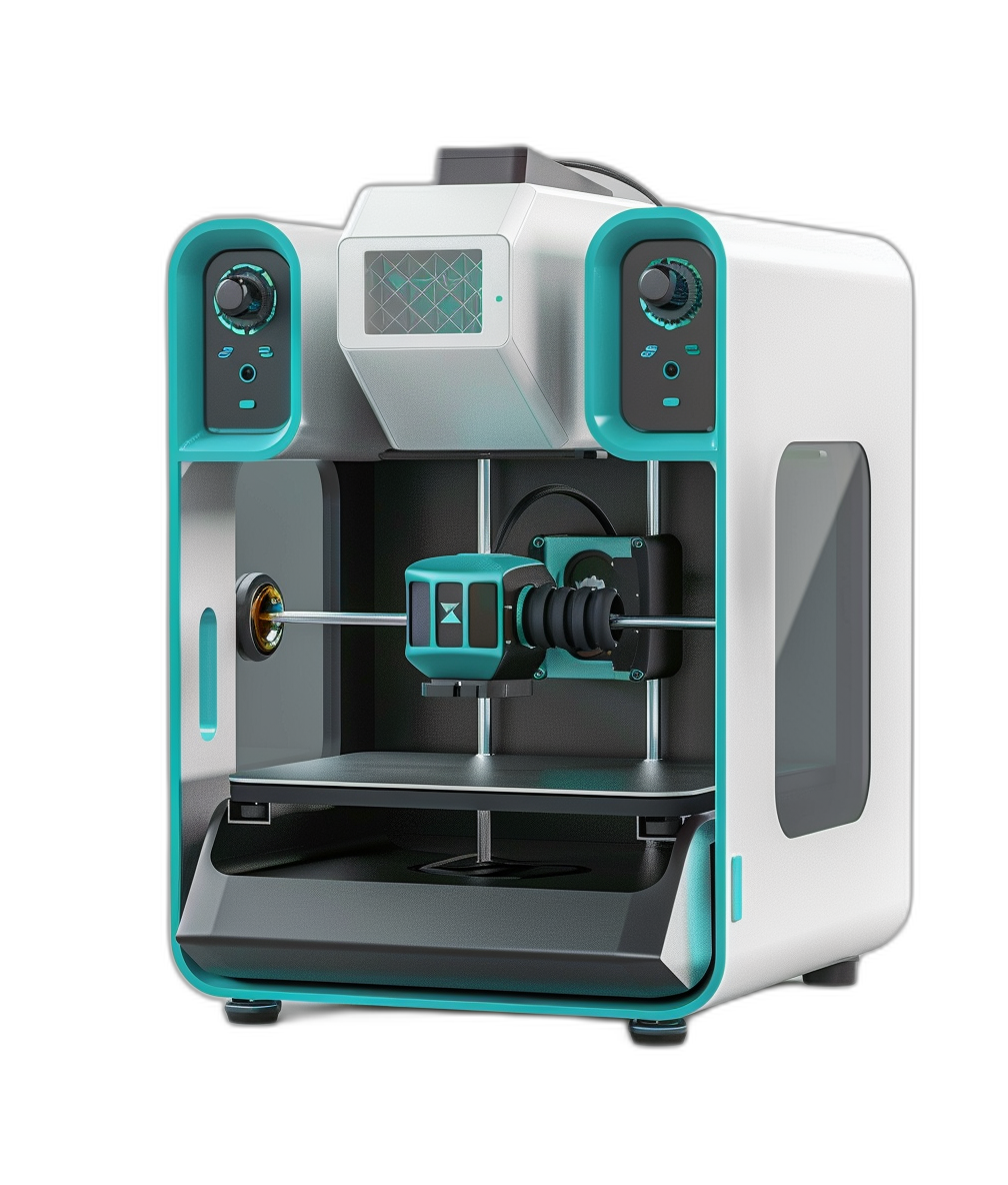 3d printer, modern design with teal accent color on white body and black background, product shot