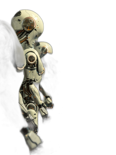 Side view of a white humanoid robot with arms and legs against a dark background in a photorealistic style.