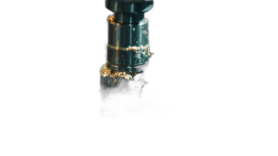 close up of an industrial futuristic metal drill with golden dust flying out, black background, cinematic, minimalistic