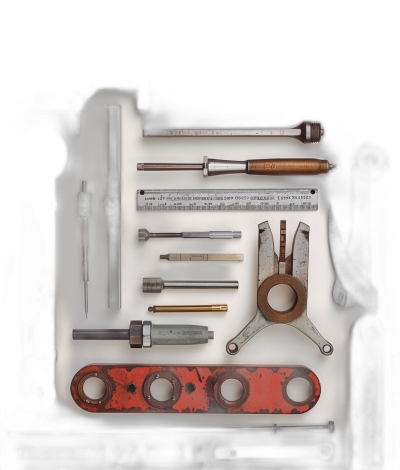 A photorealistic top-down view of various tools and equipment used in metalwork, including an O Pattern ruler, reamers, and chisel on a white background with a dark vignette effect. The soft yet focused lighting highlights the details of each tool. There is no visible text or typography, emphasizing the aesthetic appeal over functionality. This scene symbolizes the precision and craftsmanship associated with sheet metal work, set against a solid black backdrop for contrast. The style is reminiscent of realistic artwork.