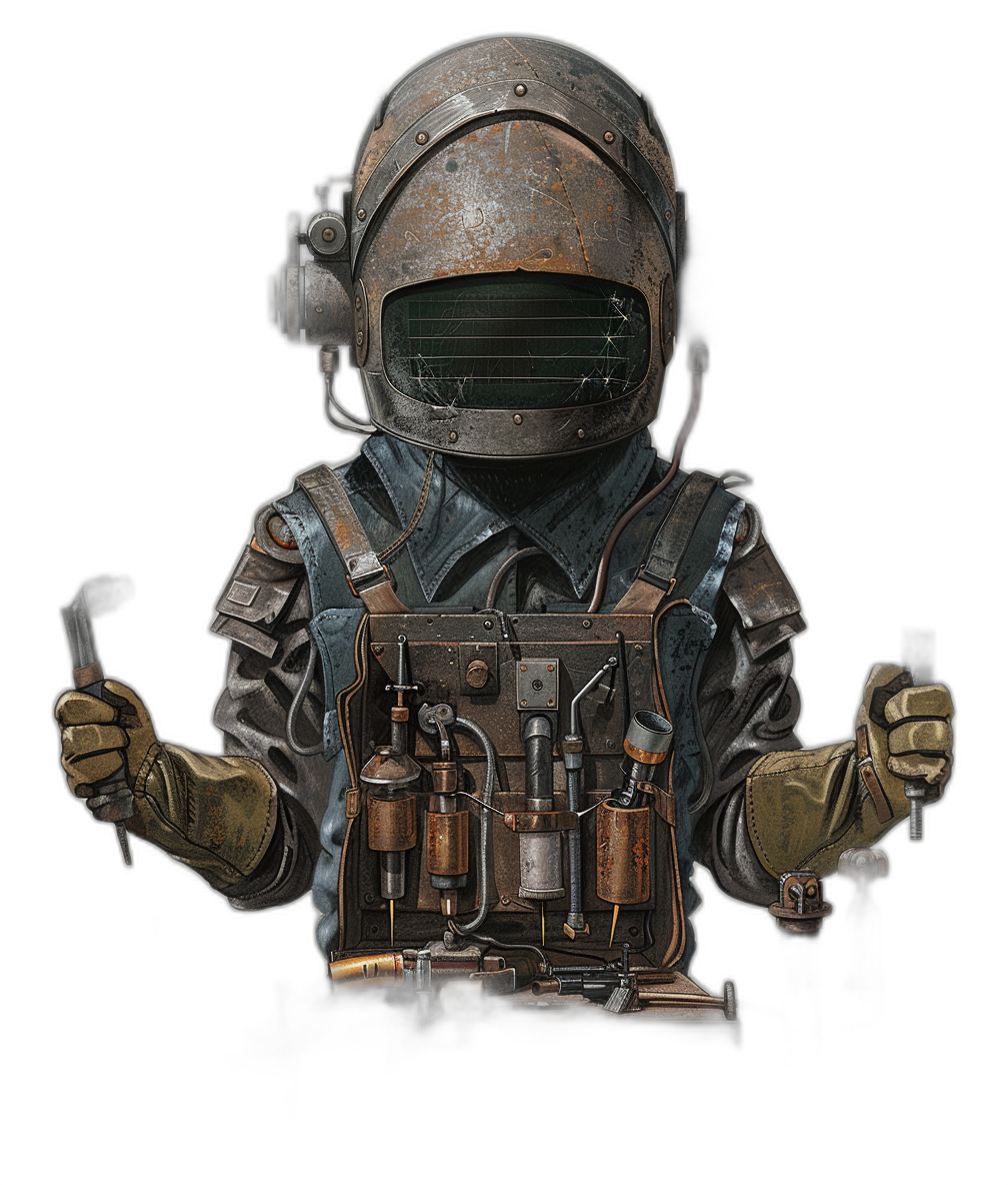 tactical vintage-style metal uniform, tank helmet with rust and scratches, air tanks on the shoulders, belt full of devices and tools, two hands in gloves holding small futuristic guns, digital art illustration with a solid black background, front view portrait in the style of a tactical uniform.