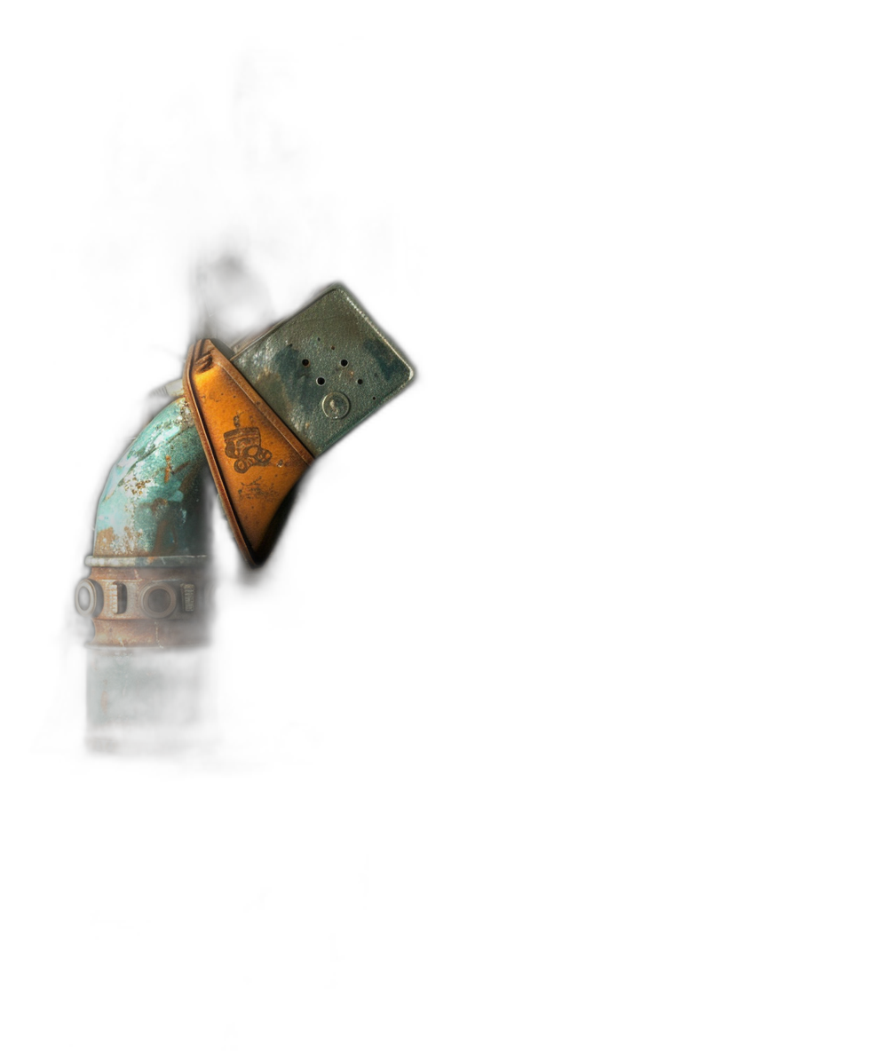 A photo of an old, rusty blue and green gas lighter lying on its side with the lighter unlit against a black background. The focus is sharp on details such as rusted metal edges and intricate patterns on both sides of the head piece, creating contrast between dark shadows and soft lighting. A subtle glow from inside illuminates parts of it. In the style of vintage poster art.