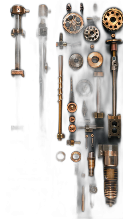 A collage of various mechanical parts, including gears and cogs, arranged in an artistic composition on a black background. The colors should be muted with shades of bronze or copper to give it an antique feel. There is no text present. This design would suit packaging or branding materials that focus on high-quality engineering components such as machinery or hardware. The style of the collage is reminiscent of antique mechanical drawings from the late 19th century.