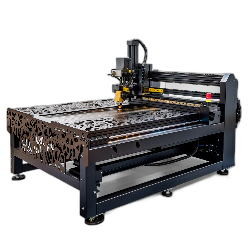 A large CNC laser engraver machine with an open table top, made of black metal and wood, featuring multiple industrial design elements such as cutouts, gears, casters and light emitting from the side, set against a dark background. The scene is captured in a front view with high resolution, emphasizing intricate details on all surfaces including metalwork and wooden textures in the style of realistic technical illustration.