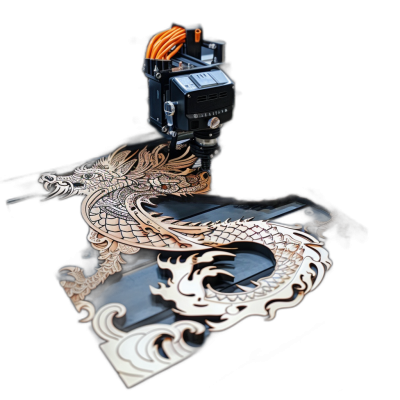 The laser engraver used its laser device to create the shape of a dragon in the style of Chinese artwork, engraved on wood. The laser CNC machine showed the camera view of the wood against a black background. The wood was a light brown color while the laser head was orange and the dragon design was dark brown, with high resolution and hyper realistic detail.