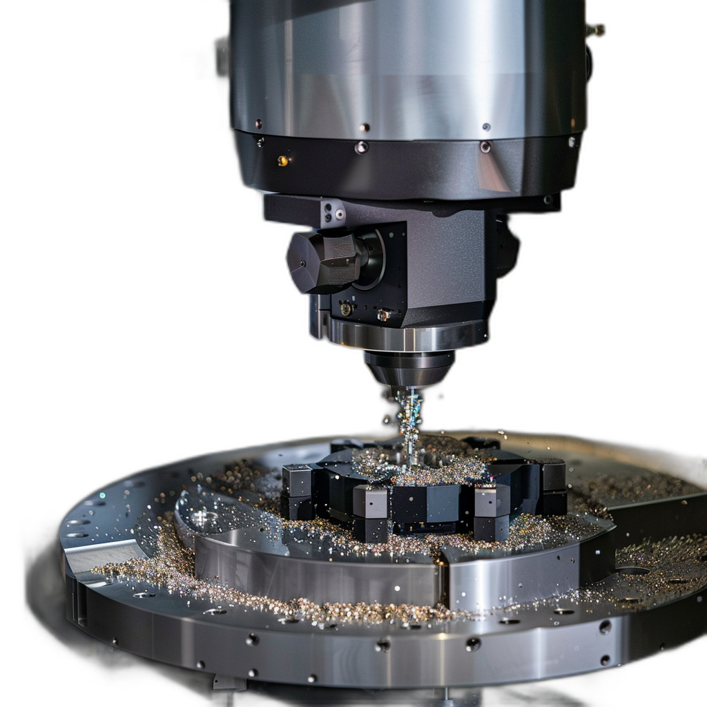 A close-up shot of an industrial CNC machine, with its blade spinning at high speed and small pieces being cut from metal on the round table surface. The background is dark to highlight details. In front there is a black matte plate covered in silver dust. This photo was taken in the style of Nikon Z6 II, capturing every intricate detail of the scene.