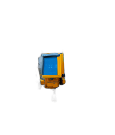 photography of yellow construction vehicle with blue display on the side, centered in black background, minimalism, high contrast, photorealistic, shot by canon eos r5