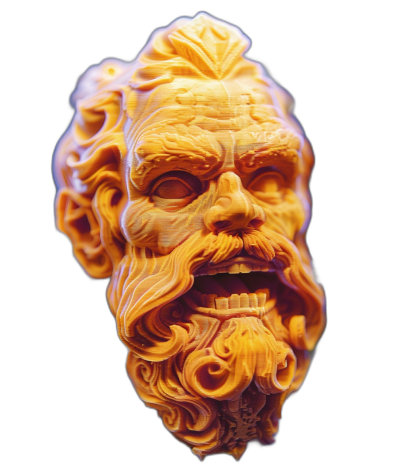 3d wood carving of an old man's head, orange color, black background, detailed face, detailed hair and beard, made out of cheese