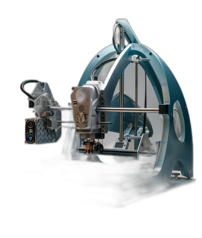 3D printer, industrial design, blue and silver color scheme, black background, machine in action pose, with lens attached to it. The camera is positioned on the right side of the frame, focusing on one part being printed. It has an elegant shape that resembles two open arches. There's a small display screen hanging from its back, displaying real-time progress during printing. In front of the equipment stands a person holding tools for precise contouring of parts being printed in the style of Ridley Scott.