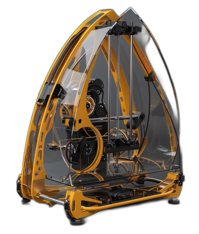 3D printed machine, yellow and black color with glass transparent shell in the shape of an arch, large translucent parts on top, glass tube and mechanical components inside, high detail rendering, black background, 45 degree view,