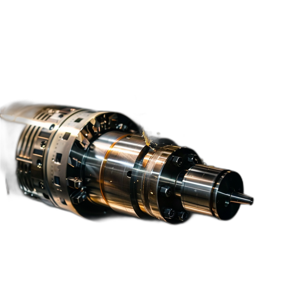 A close up of an object on a black background, an industrial design concept of a futuristic plasma engine with chrome accents and polished metal details against a dark backdrop. A straight on view capturing the intricate structure and sleek lines, studio lighting emphasizing reflections and shadows in the style of product photography. High resolution with sharp focus and a depth of field effect.