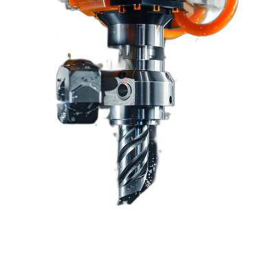 A close-up shot of an industrialized CNC Haas electric drill with orange accents, against a black background, illuminated by bright studio lights. The focus is on the sharp blade and spinning collet mandrel.