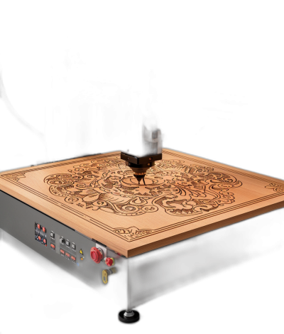 A laser engraving machine with an engraved square wooden board on it, featuring traditional patterns and exquisite details, against a black background. The camera is positioned at the bottom of the scene to capture the entire product from multiple angles. It has a cinematic feel and exudes high quality, as if captured in the style of professional photographers using Hasselblad cameras.