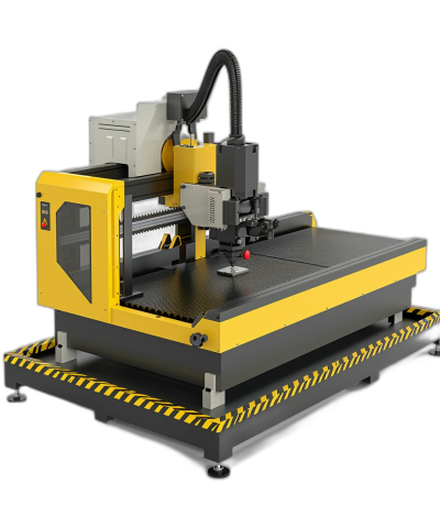 Hbingpdocuments on the side of yellow and black cnc machine with flat top table, square standing", isolated in studio, high resolution product photography, high quality, high detail, hyperrealistic, hyper realistic, high details, high sharpness,