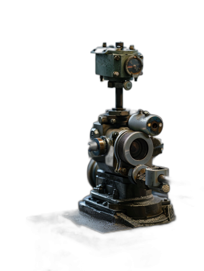 Small steampunk robot, mechanical camera with lens on the top of it, black background, photo realistic, product photography, front view. The camera is in the style of a steampunk robot with a lens on top, photographed against a black background in a photo realistic style for product photography from the front view.