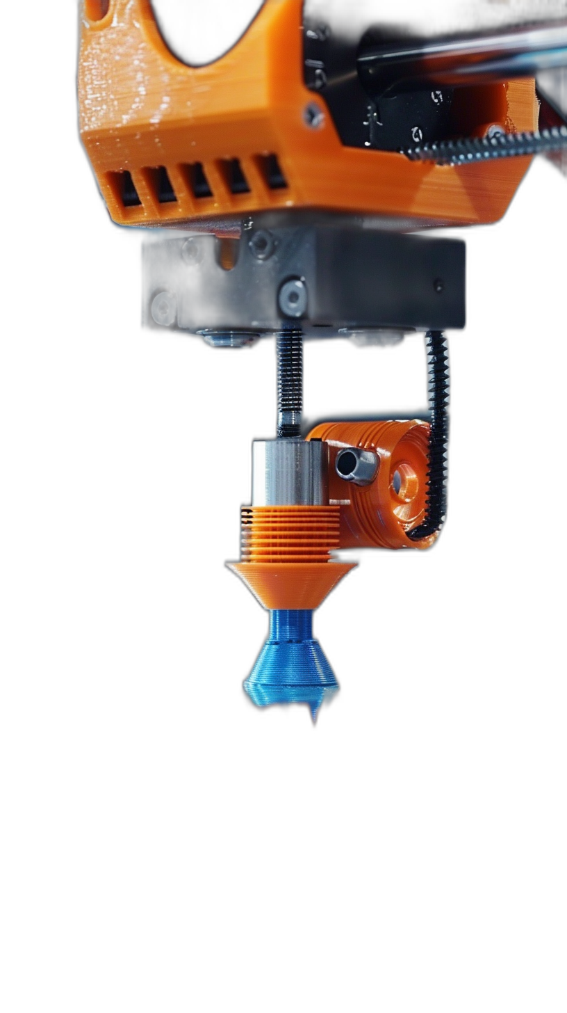 An orange and blue resin 3D printer head printing with one nozzle, on a black background, in a high resolution photograph.