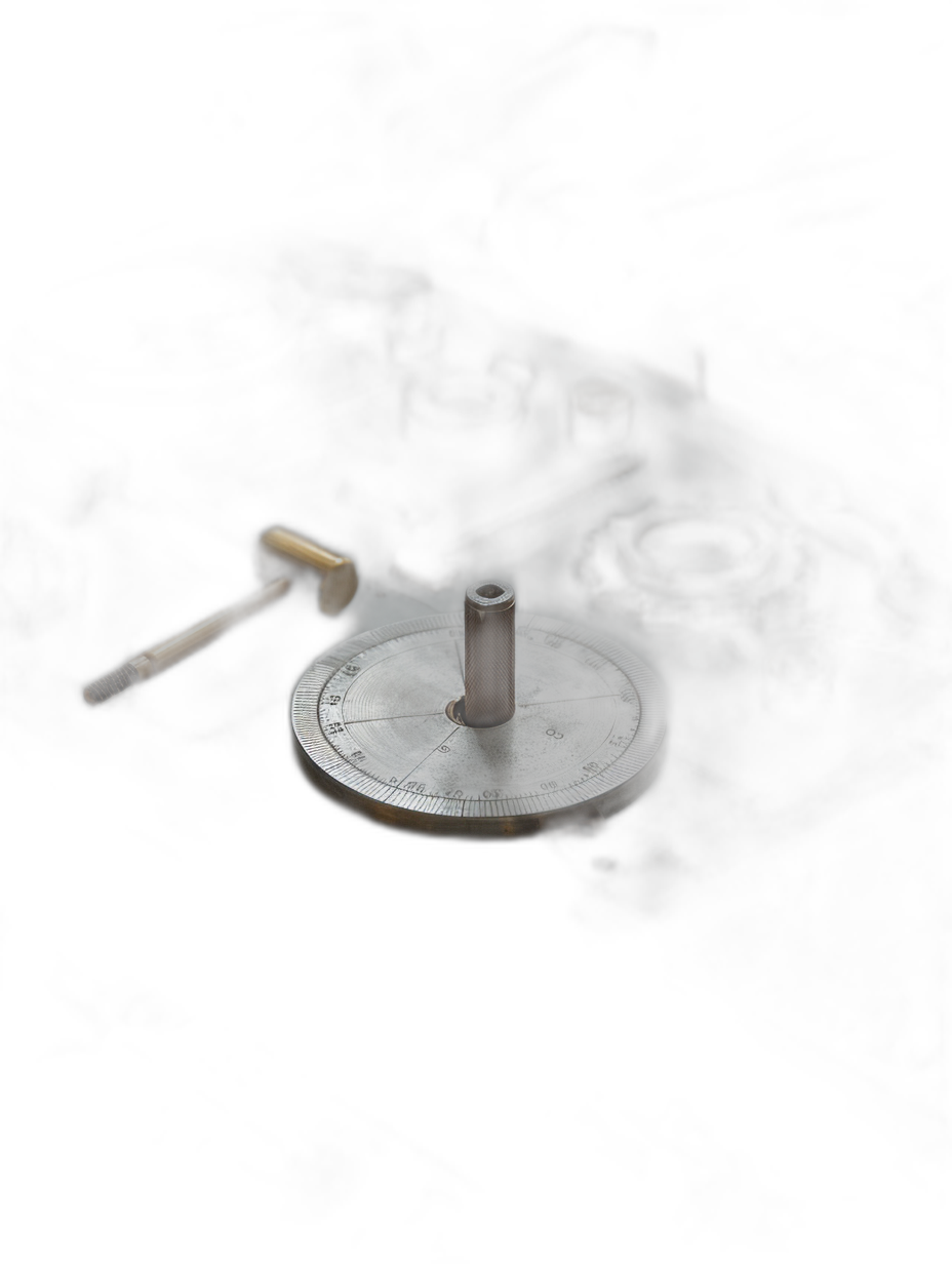 A small round metal circle with an iron post in the center, lying on its side on a dark background. There is also some machinery and tools around it. The scene has soft lighting, giving off an atmosphere of mystery or curiosity.