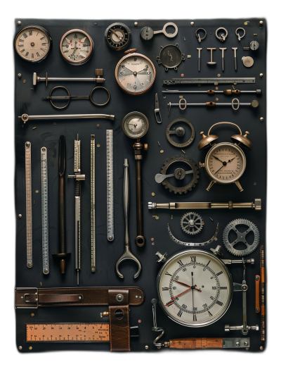 An array of vintage tools and mechanical parts are arranged in an intricate composition, showcasing the precision engineering associated with steampunk aesthetics. The mood is nostalgic yet futuristic, evoking feelings of curiosity about technology's past and future. In the style of [Rimel Neffati](https://goo.gl/search?artist%20Rimel%20Neffati), full body shot, full frame.