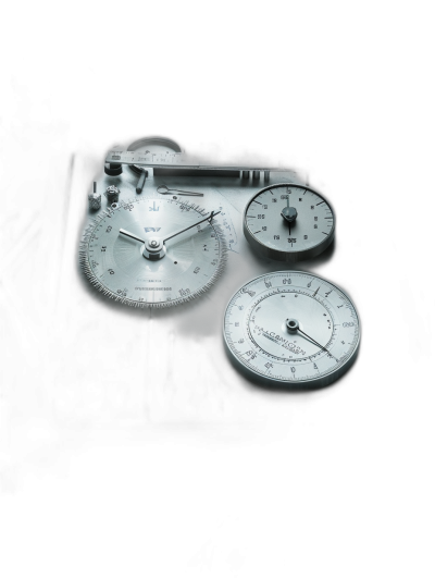 A white analog panel photographed from above showing various dials and meters, with one digital clock on top, all set against a black background. The scene is illuminated from above by soft light, creating gentle shadows that accentuate details like small textures or reflections on metal surfaces. This lighting effect adds depth to each element while maintaining focus on different parts of the composition in the style of.