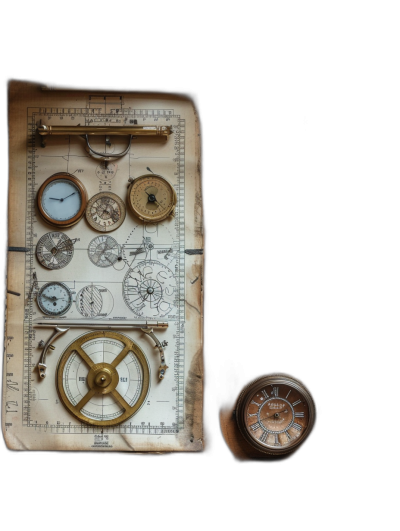 Top view of an old drawing with a compass and various clock parts, in the style of a compass and clock parts on a black background.