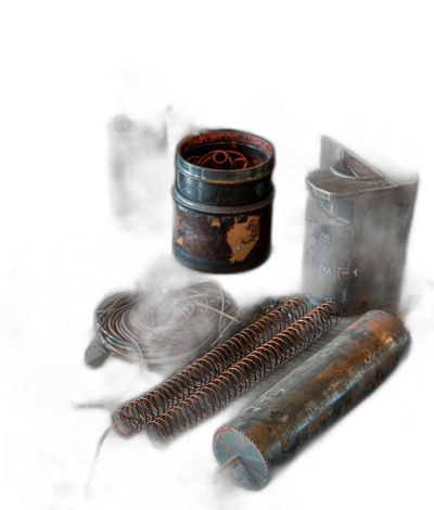 a set of old copper wire and wires, an iron canister with red paint on it, and other metal objects, all on black background, product photography, studio lighting, closeup