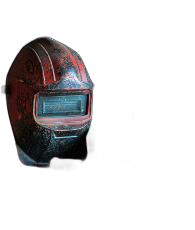 wdistressed red and black welding mask on solid dark background, stock photo style, high resolution photography, hyper realistic, super detailed