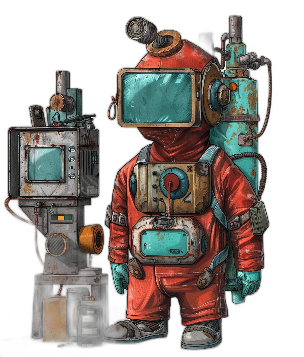 A character design in the style of [Jacek Yerka](https://goo.gl/search?artist%20Jacek%20Yerka) and Dark Souls. A little boy robot with a helmet that has an old monitor as a face, dressed in a red suit holding a turquoise tubes device standing next to a big scary machine on a black background.