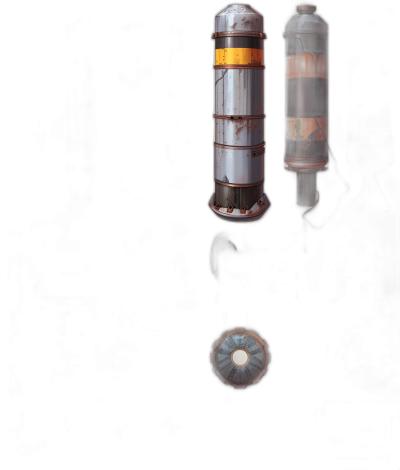 A dark background with three objects floating in the air, one is an old oil barrel, another has a light bulb and a third is a metal cylinder. The artwork is in the style of game concept art.