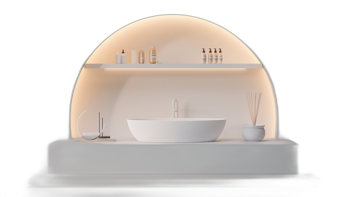 3D render of a modern minimalistic interior design featuring an oval-shaped stand with a shelf for products and a sink in front on a black background. Warm light is shining from behind onto the product display. The wall above the shelf has a gradient color transitioning from white to pale yellow. Professional product photography with bright lighting and natural light, as well as high-resolution color grading in the style of professional photography.