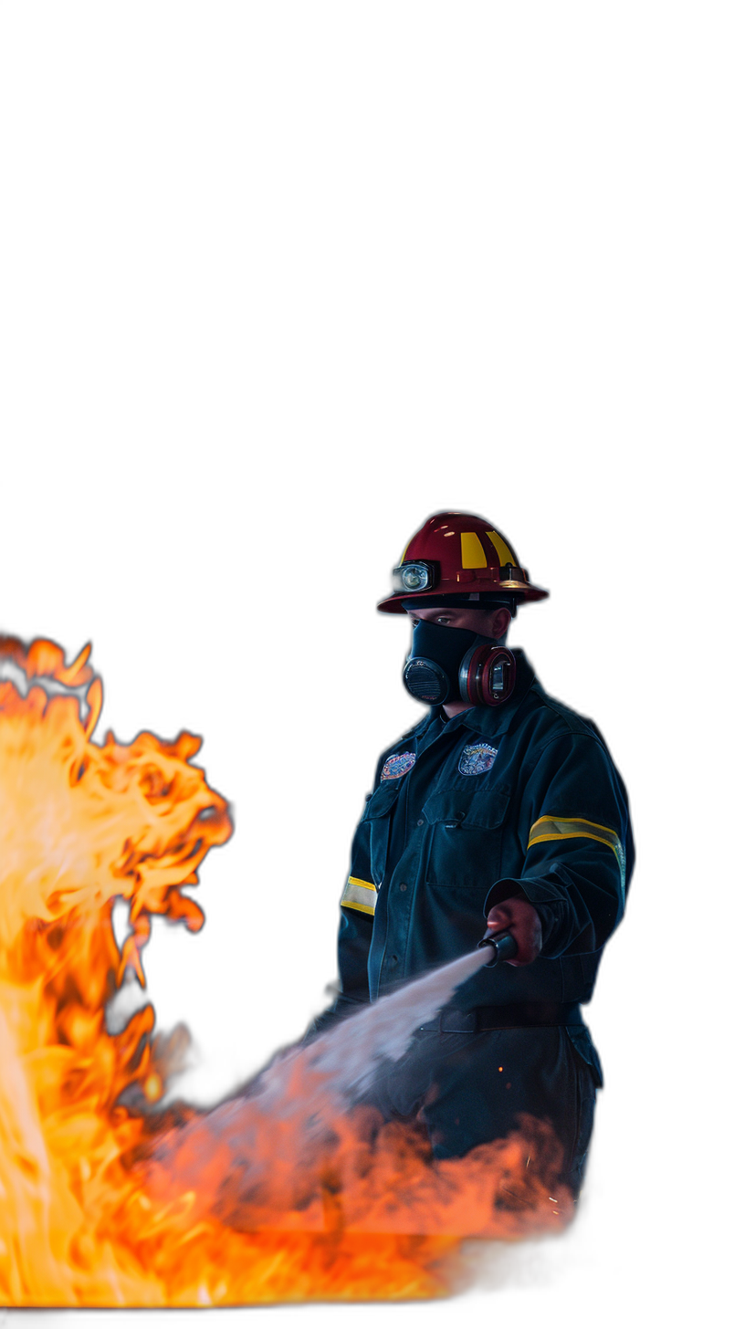 Firefighter extinguishing a fire in the style of high contrast, isolated on a black background, in a professional photography style, with a Hasselblad X2D50C, in a hyperrealistic style with sharp focus, under studio lighting, at a high resolution, showing extreme details, with cinematic lighting, in an award-winning photography style.