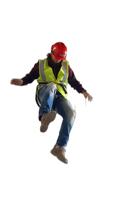 A full body photo of an engineer jumping in the air, wearing a high vis vest and red hard hat, isolated on a black background, in the style of hyper realistic photography.