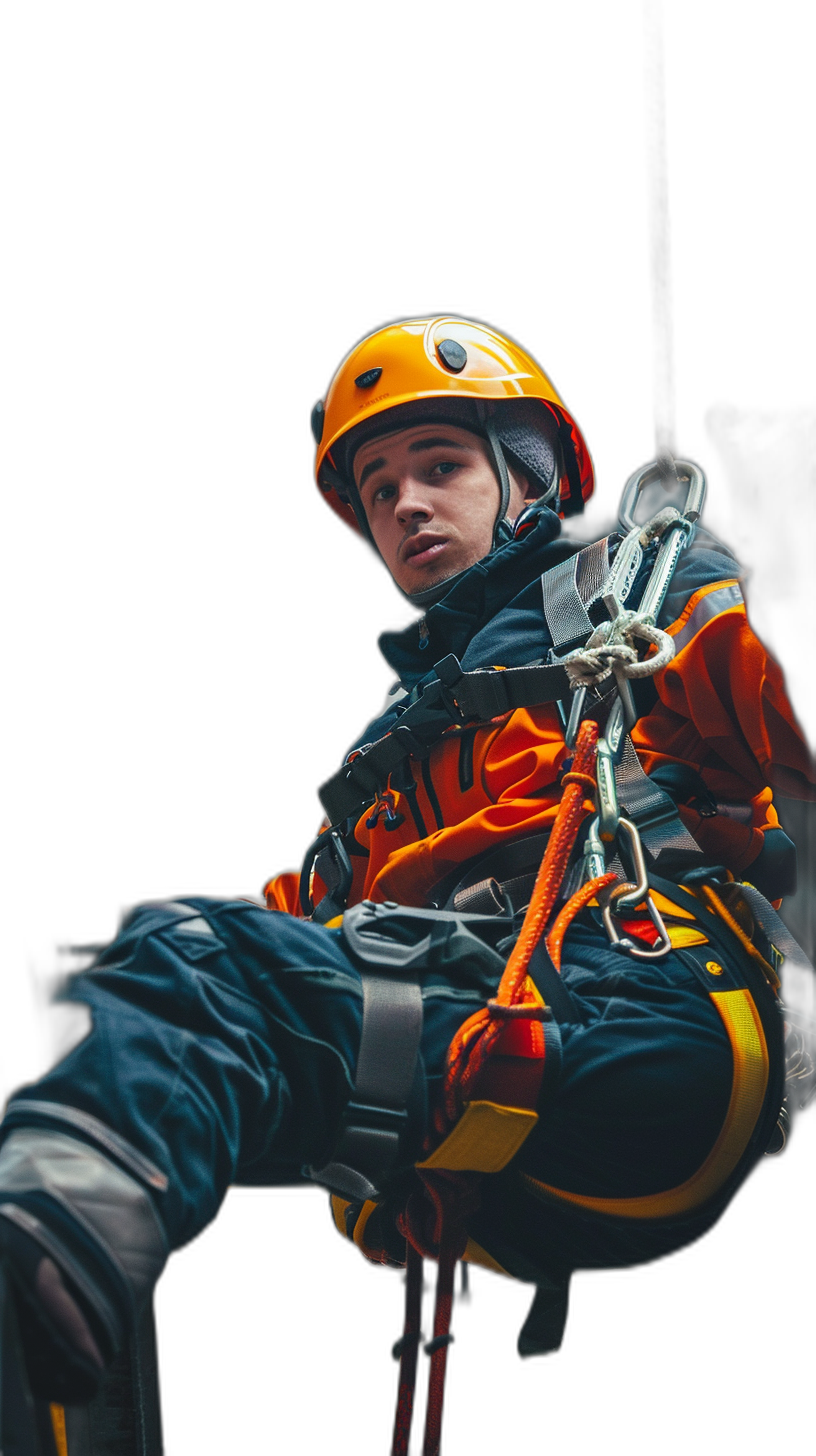 Photo of an abseil man in full gear, orange helmet and blue with yellow details, sitting on the rope with his legs hanging down, looking at camera, black background, hyper realistic photography