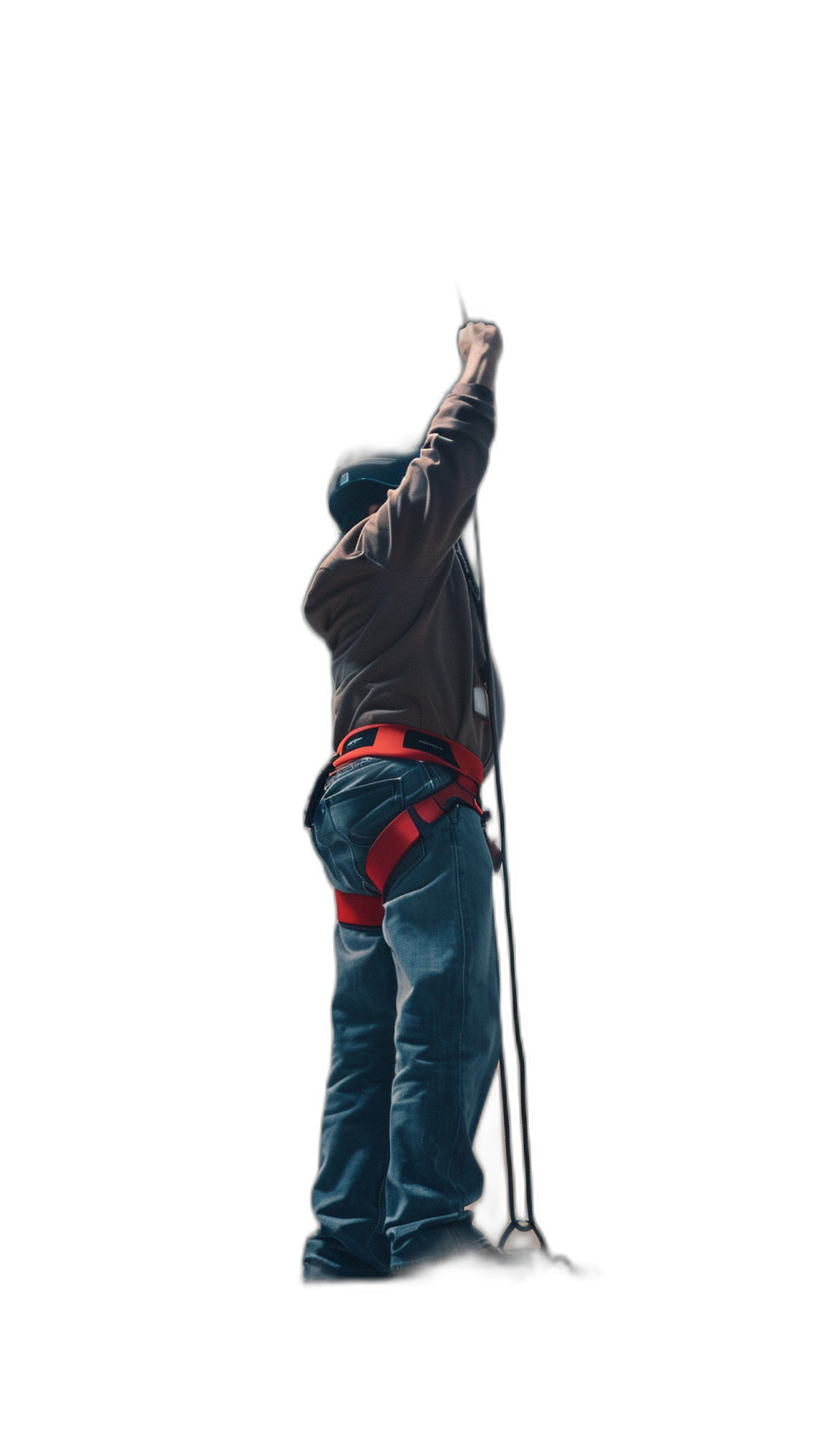 a man in jeans and work boots with safety equipment on his back, standing up straight while holding onto ropes with one hand above head level, full body shot from behind isolated against black background in the style of daz3d, desertwave, pensive portraiture, tondo, very dark blue and red, white lighting, white studio light, back view