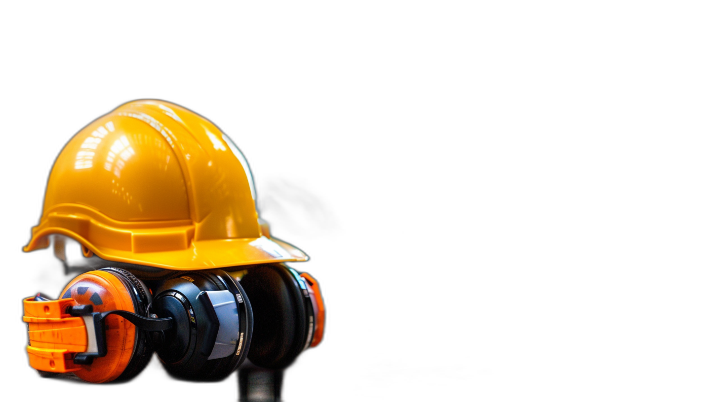 Soft focus shot of an orange construction helmet and safety ear muffs on black background with copy space, no people, isolated, banner design, soft light, high resolution photography, insanely detailed, fine details, isolated plain, stock photo