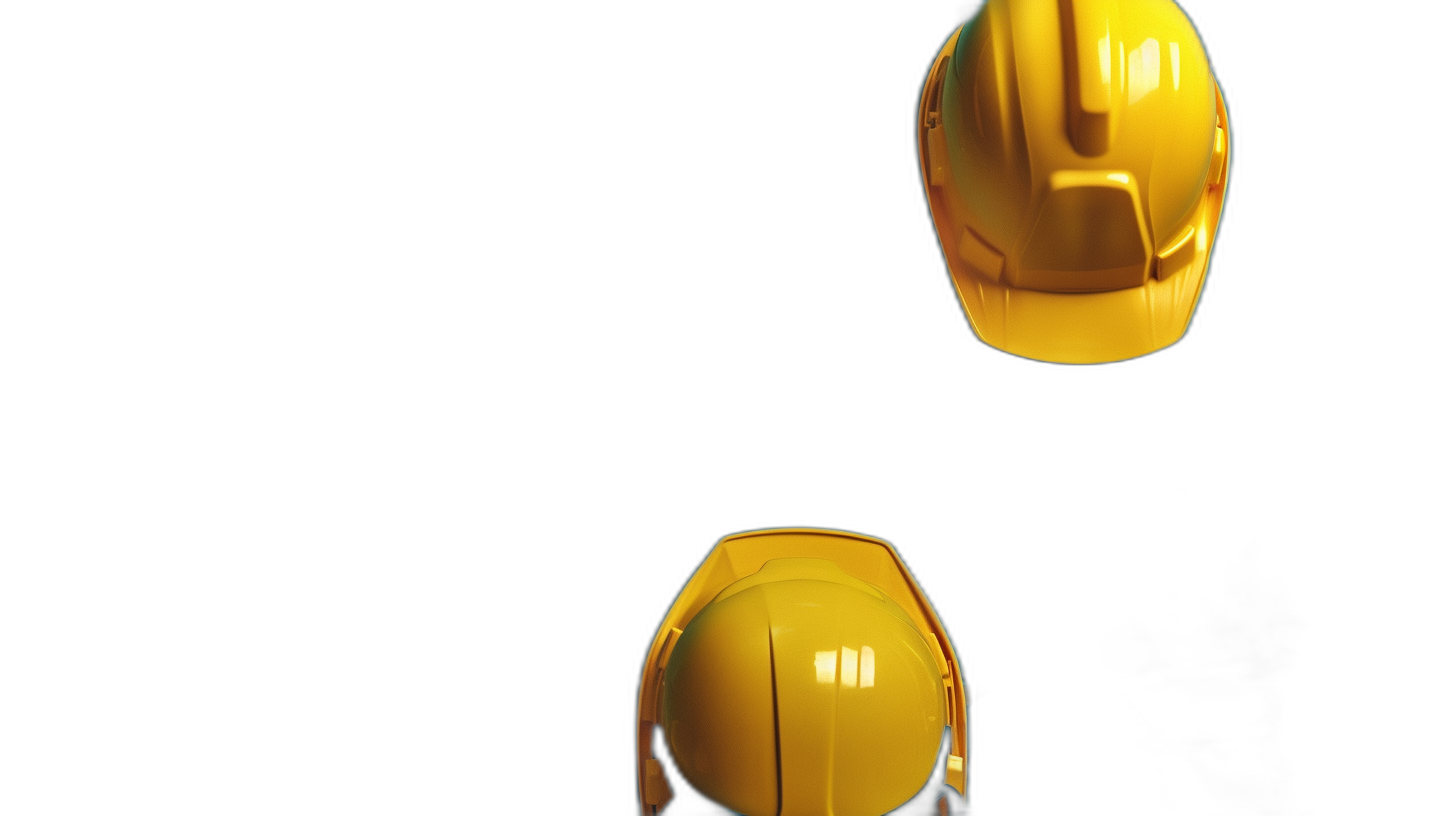 Two yellow construction helmets floating in the air against a black background. A high angle shot from a zoomed out top view perspective.