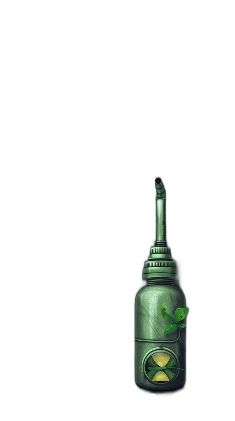 A bottle of green oil with an air pipe and other small parts on a black background, in the cartoon style, 2D game art, high resolution digital painting with high detail, concept art, smooth rendering on a black background with no shadows.