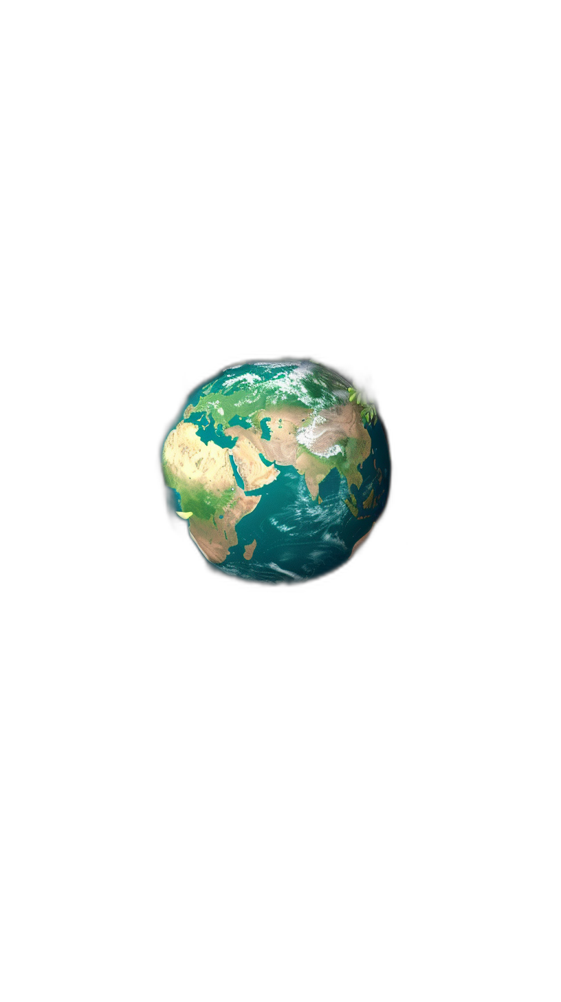 3D rendering of Earth floating in a black background, top view, in a cartoon style, cute, at a 45 degree angle