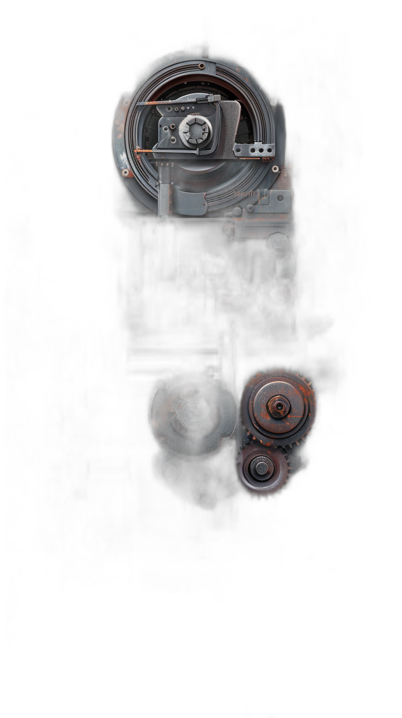 Black background, top view of an old camera with gears and metal elements on the surface, metallic texture, threedimensional sense, high definition photography style, central composition, reflections, contrast between light and dark, technical feel.