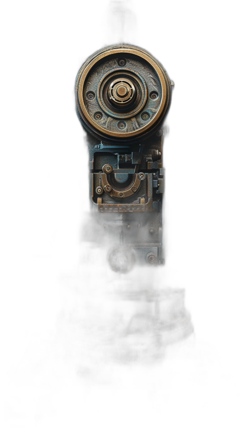 A small metal gear with one big lens on it, on a black background, in the hyper realistic oil painting style.